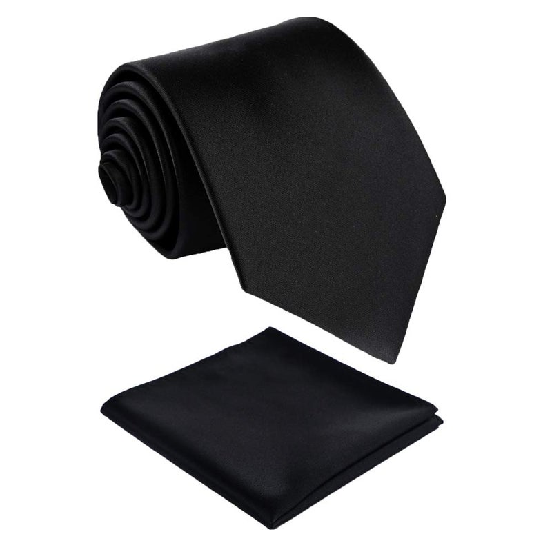 fortunatever Men's Handmade Satin Extra Long Necktie,Black Solid Tie With Pocket Square+Gift Box - Image 1